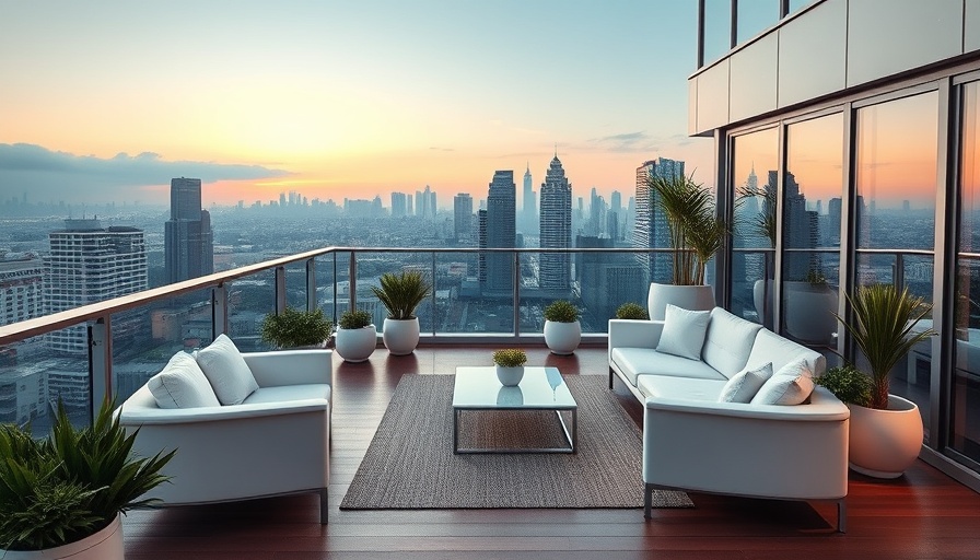 Luxurious apartment terrace with a stunning urban view.