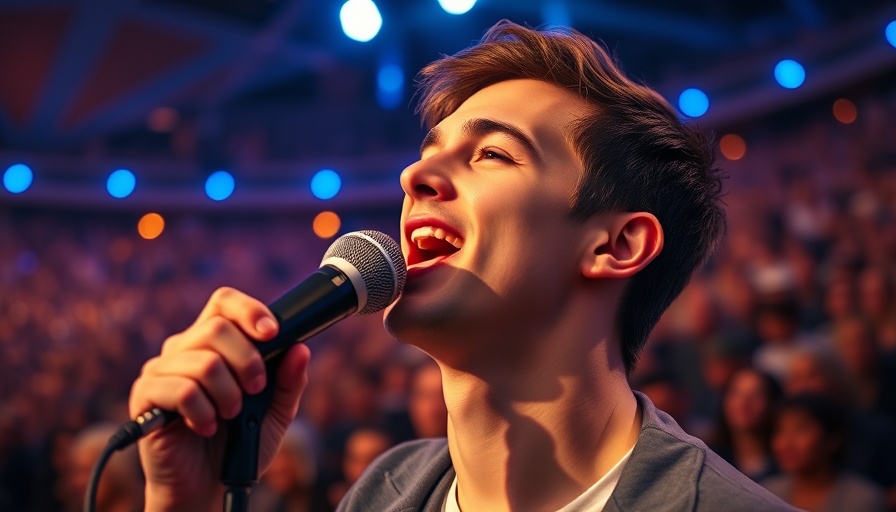 Young male singer performing passionately on stage, blue lighting.