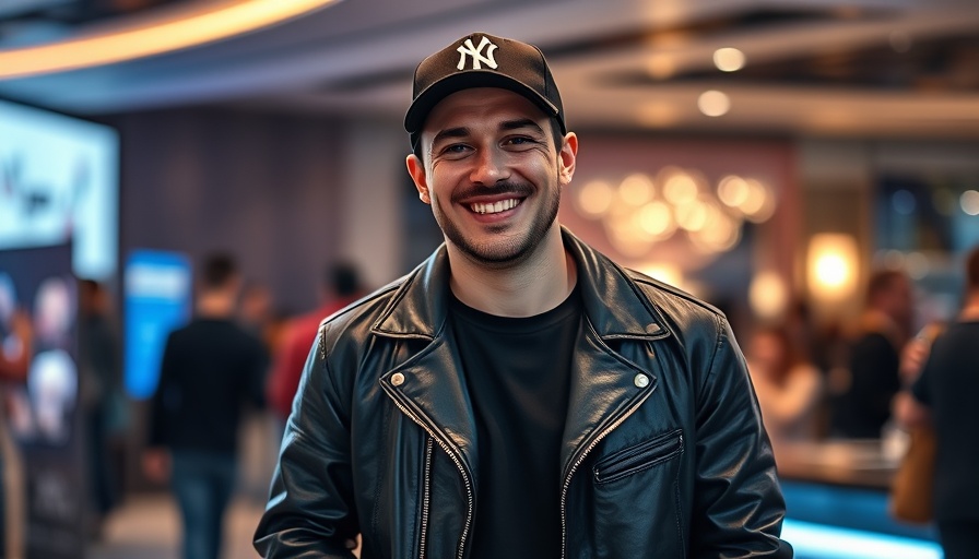 Country music star smiling in black jacket and cap at event.