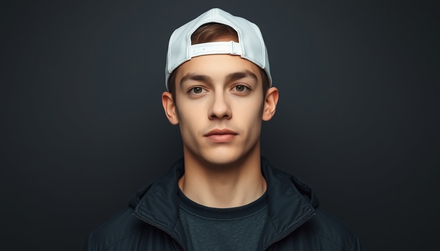Young man in black jacket with cap standing against a dark backdrop.