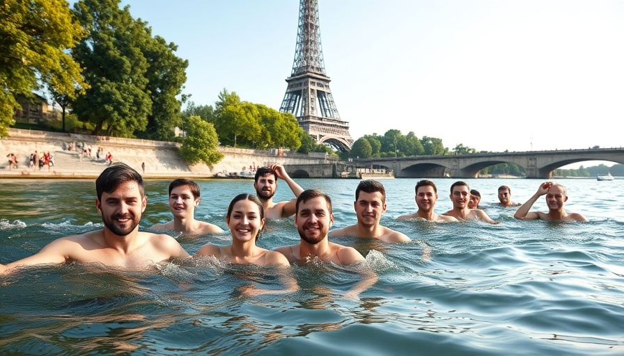 People enjoying newly reopened swimming in Paris river near Eiffel Tower.