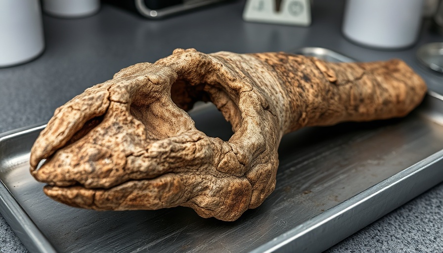 67-million-year-old dinosaur bone on a metal tray in a lab.