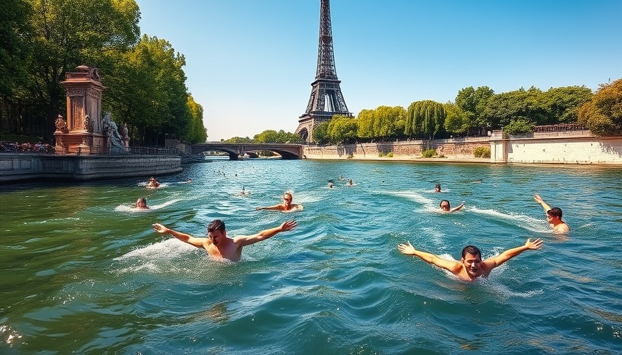 People enjoying swimming in the Seine River with Eiffel Tower.
