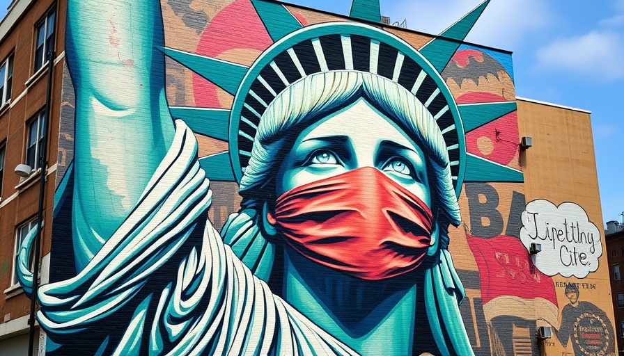 Statue of Liberty mural with covered face symbolizing immigration controversy.