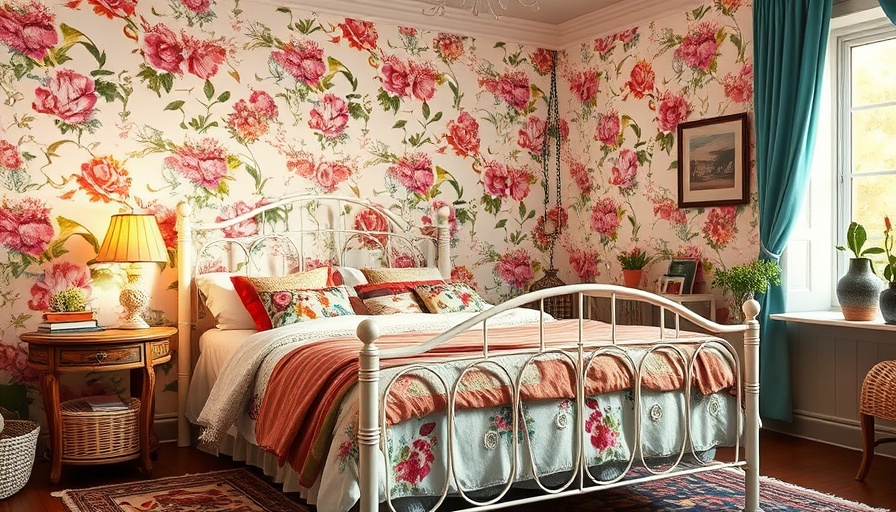 Vintage bedroom with floral sustainable wallpaper and cozy decor.
