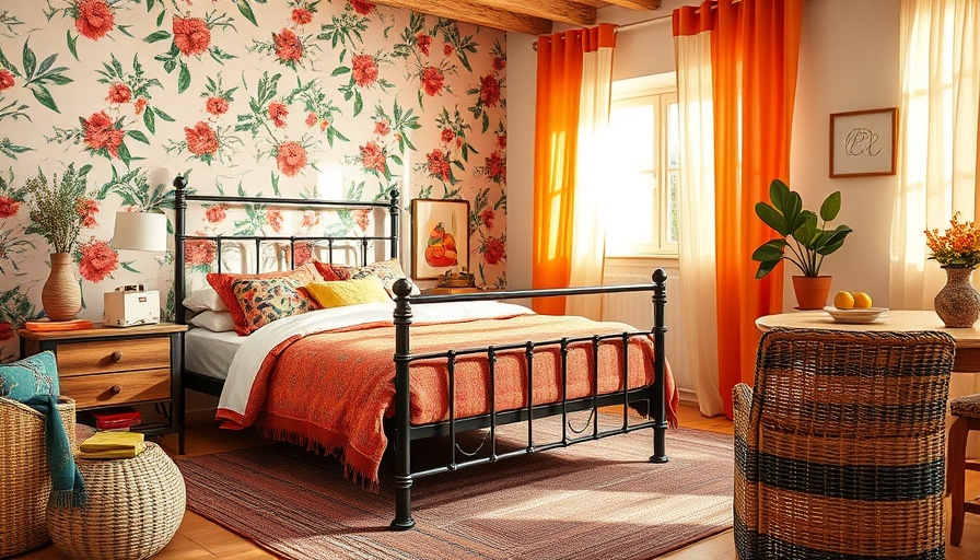 Charming bedroom with sustainable wallpaper and vibrant decor.