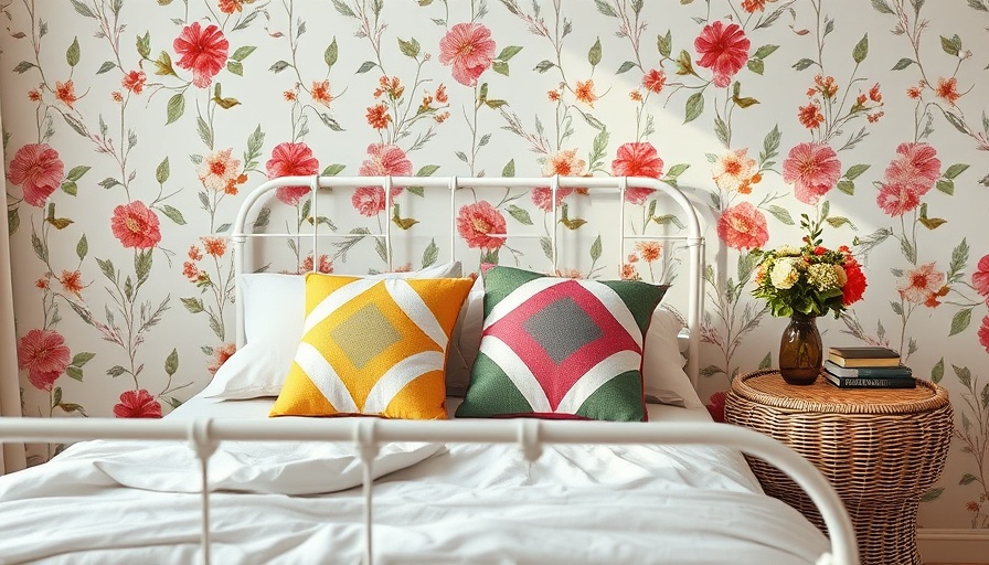 Bedroom with floral sustainable wallpaper and bright pillows.