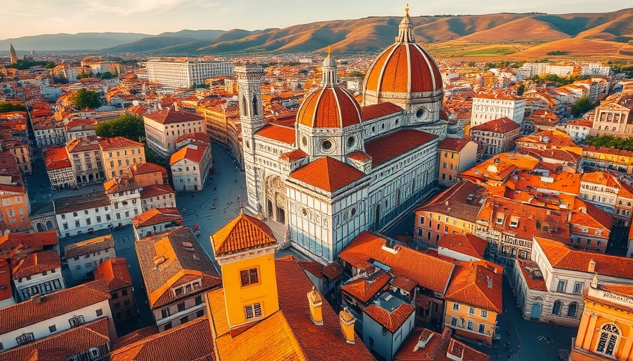 Aerial view of Florence cathedral with orange rooftops.