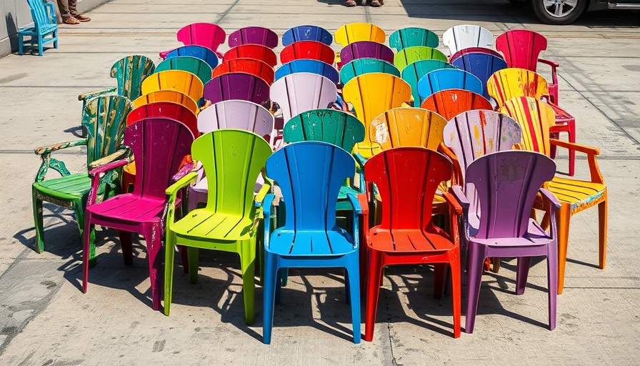 Upcycled colorful chairs made from waste arranged in a pattern.