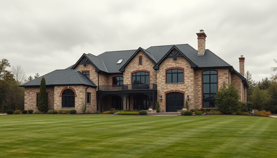 Luxurious custom stone and brick home set in green landscape.