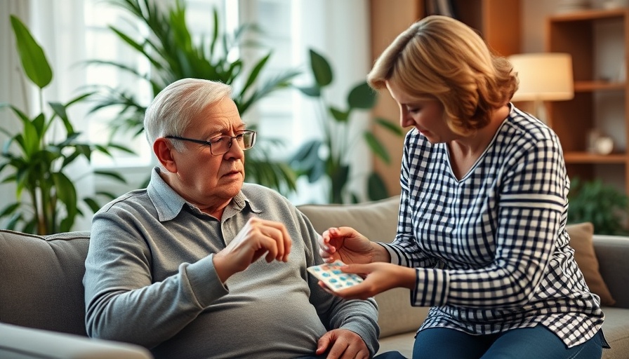 Elderly man receiving back pain medication from caregiver, highlighting brain health risks.