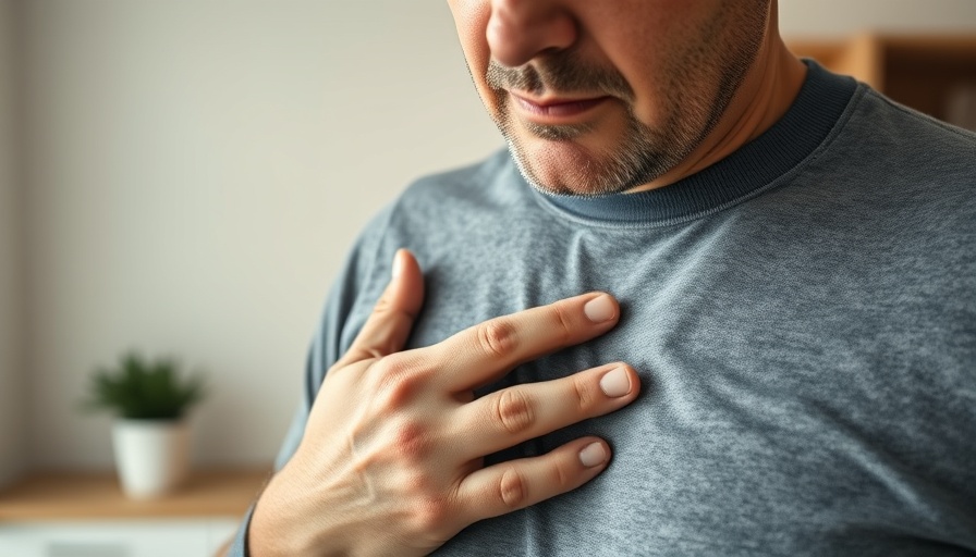 Man experiencing chest discomfort indoors, related to heart health in summer heat.