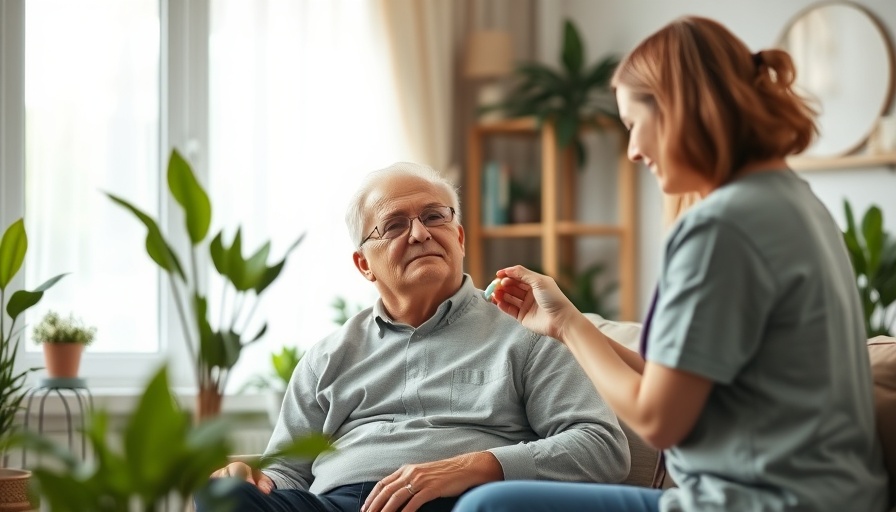 Elderly man receiving medication, caregiver assistance in cozy living room.