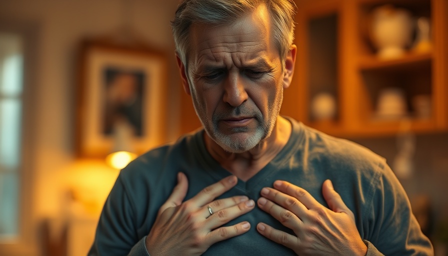 Middle-aged man holding chest indoors, illustrating how summer heat affects heart health.