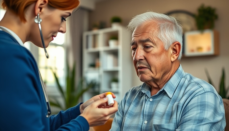 Elderly man discussing back pain medication risks with nurse, cozy setting.