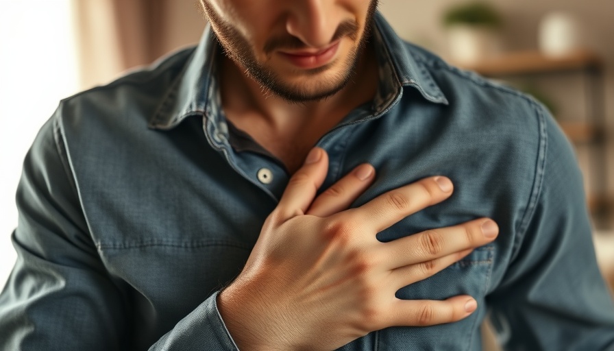 Man experiencing chest discomfort in home setting, heart health concern.