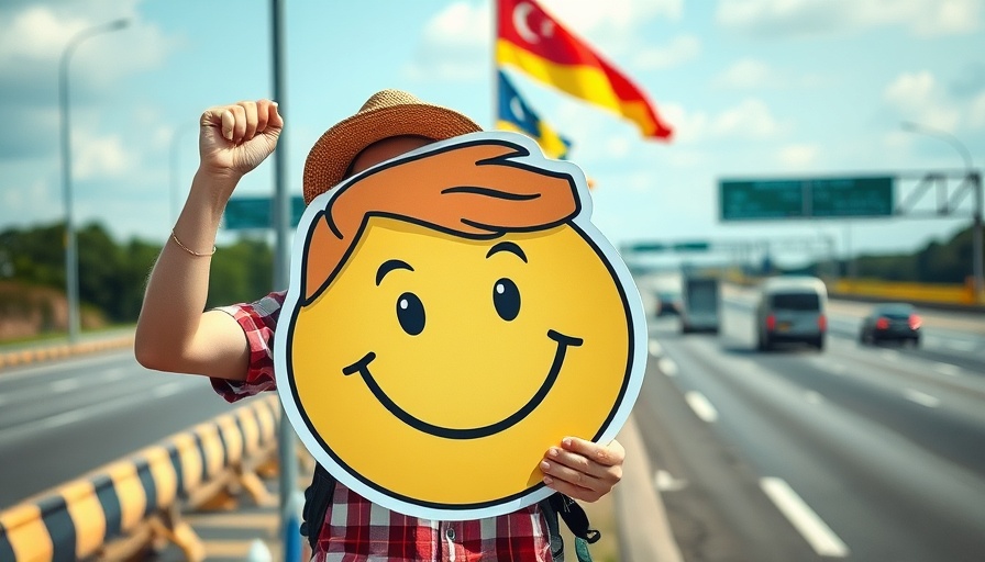 Enthusiastic roadside scene with flags and vehicles in sunny daylight.