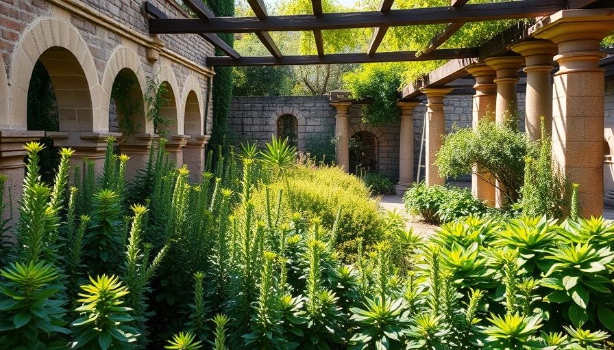 Ancient Roman perfume garden revival with lush greenery and stone walls