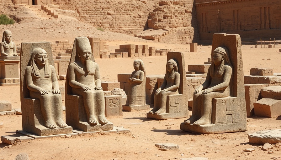 Ancient Egyptian stone statues and stele in a desert landscape.