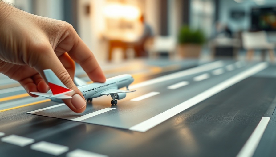 Hand placing model plane on runway for training air traffic controllers.