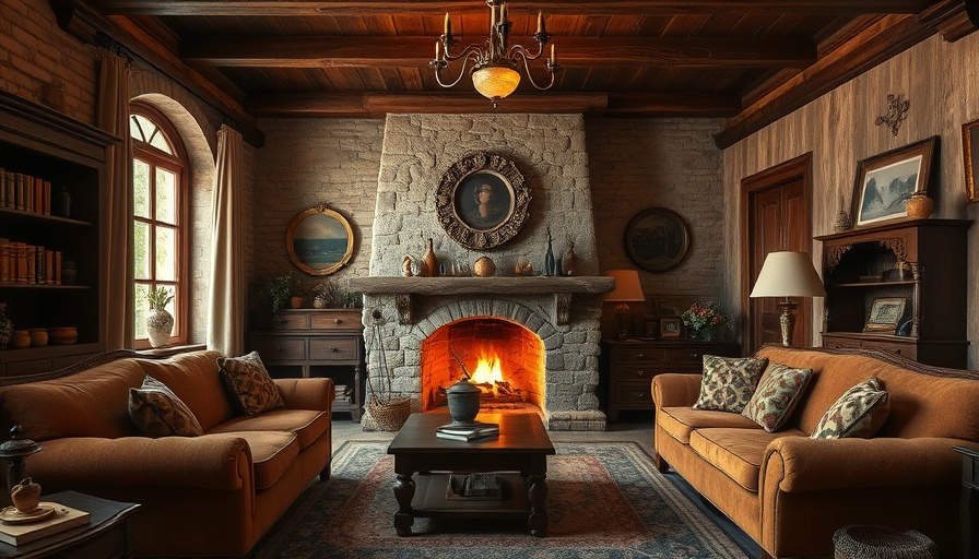 Elegant vintage living room with a stone fireplace showcasing home design.