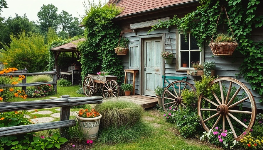 Charming vintage farmhouse garden with rustic decor, vintage farmhouse decor ideas.