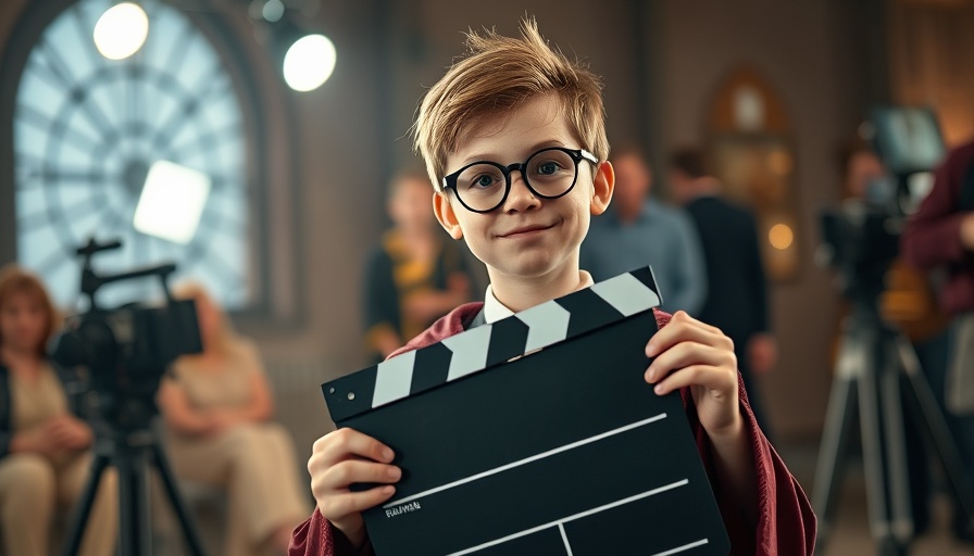 Young actor in wizard costume on film set holding clapperboard.