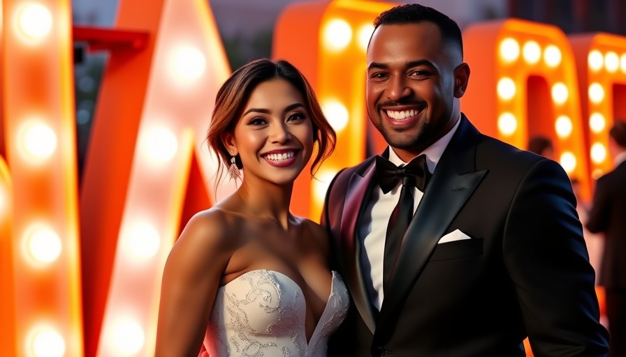 Elegant couple posing at a glamorous event.