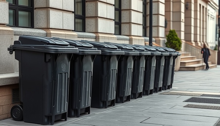 Black garbage bins on city sidewalk reflecting French Quarter waste management concerns.