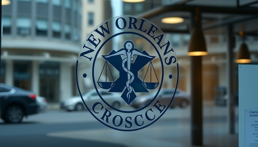 New Orleans Coroner's Office logo on a reflective glass door.