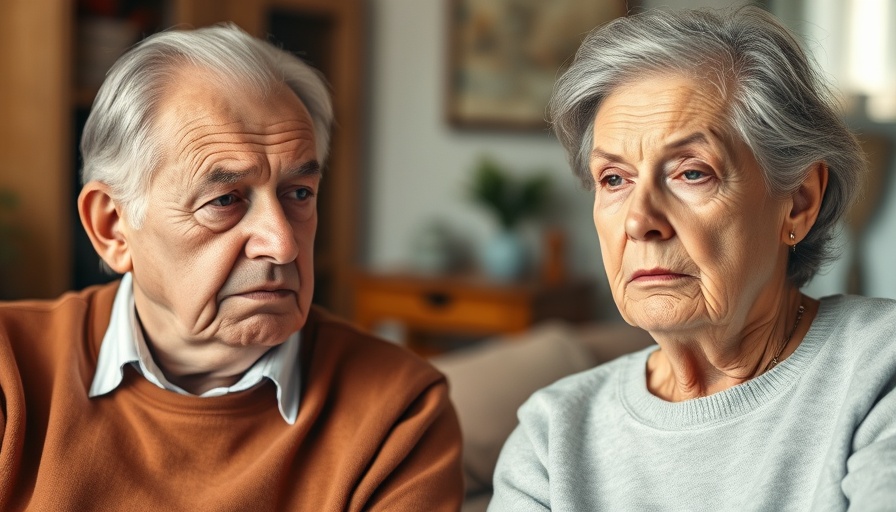 Concerned couple discussing intimacy in retirement, home setting.