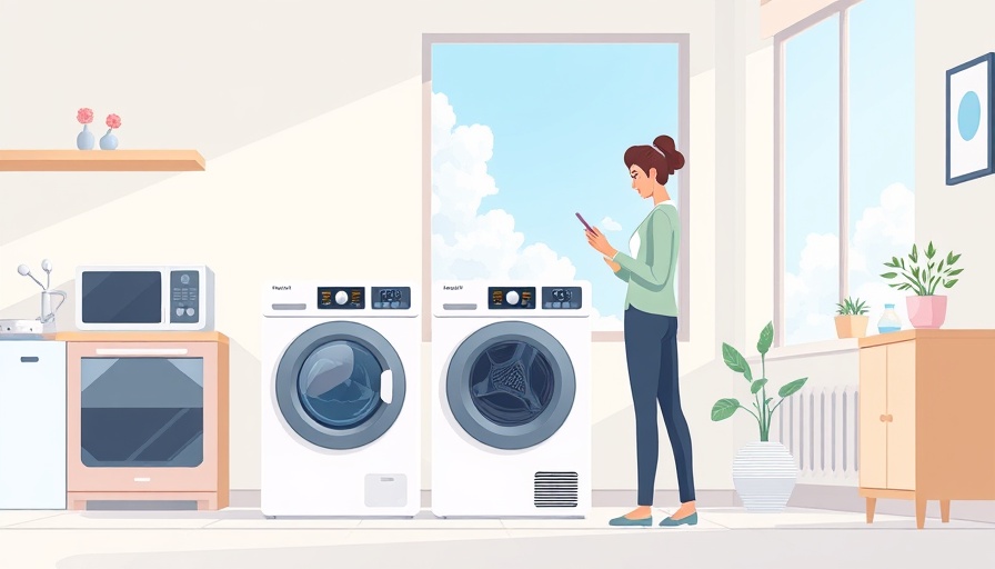 SmartThings laundry automation illustration with smart washer and app interaction.