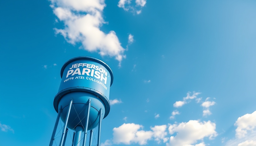 Jefferson Parish water tower under a clear sky symbolizing infrastructure.
