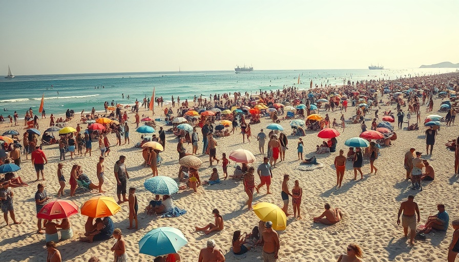 Busy beach scene illustrating the overtourism challenge.