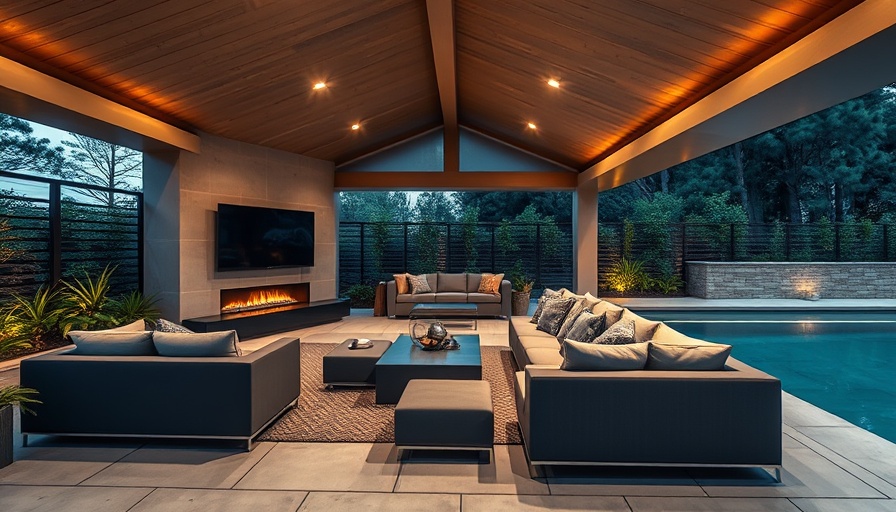 Modern covered outdoor seating area design idea with a pool