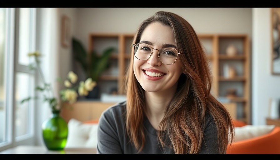 Smiling woman in a bright room, modern interior, soft lighting.