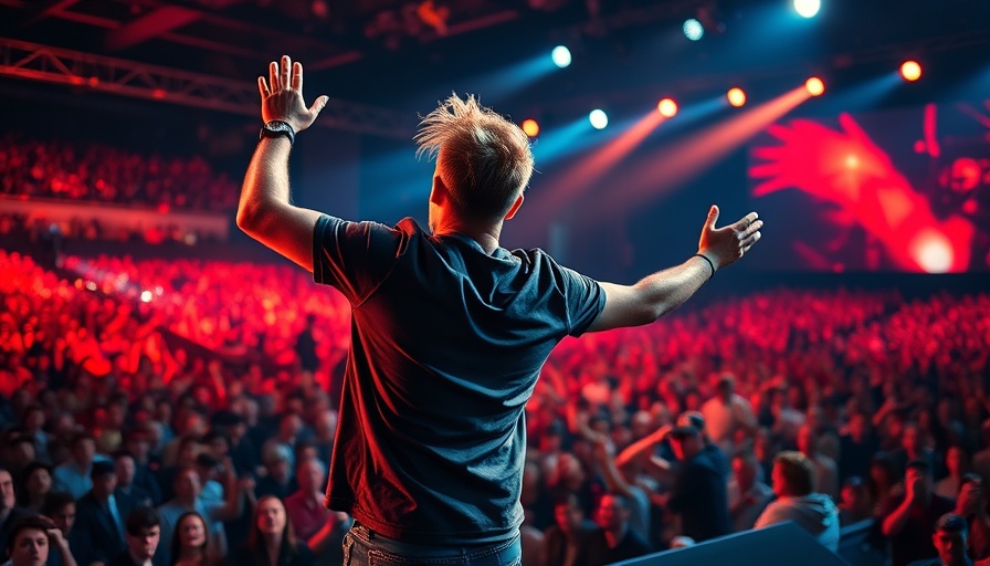 Vibrant concert scene with performer in red lights.