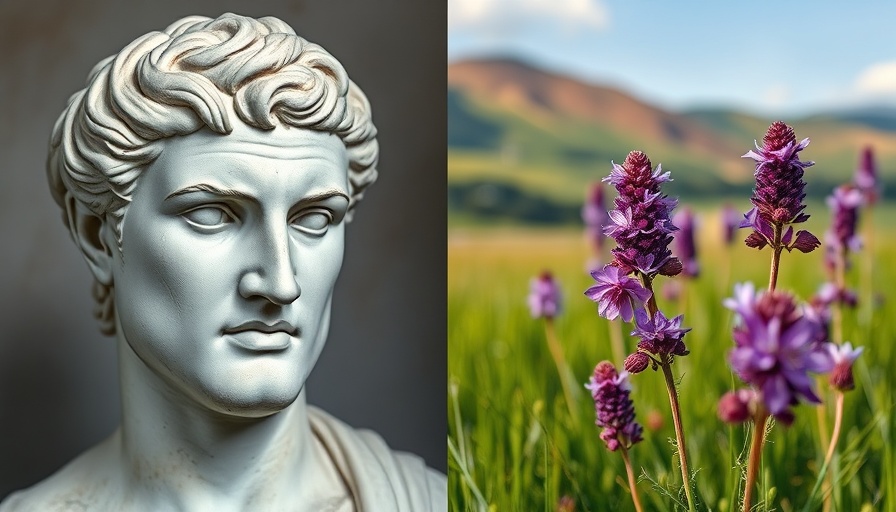Caligula medicinal plants interest: ancient bust and wildflowers juxtaposition.