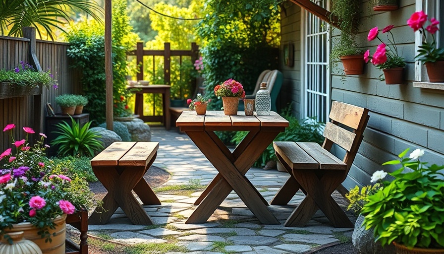 Nostalgic retro summer backyard decor with wooden table and lush garden.