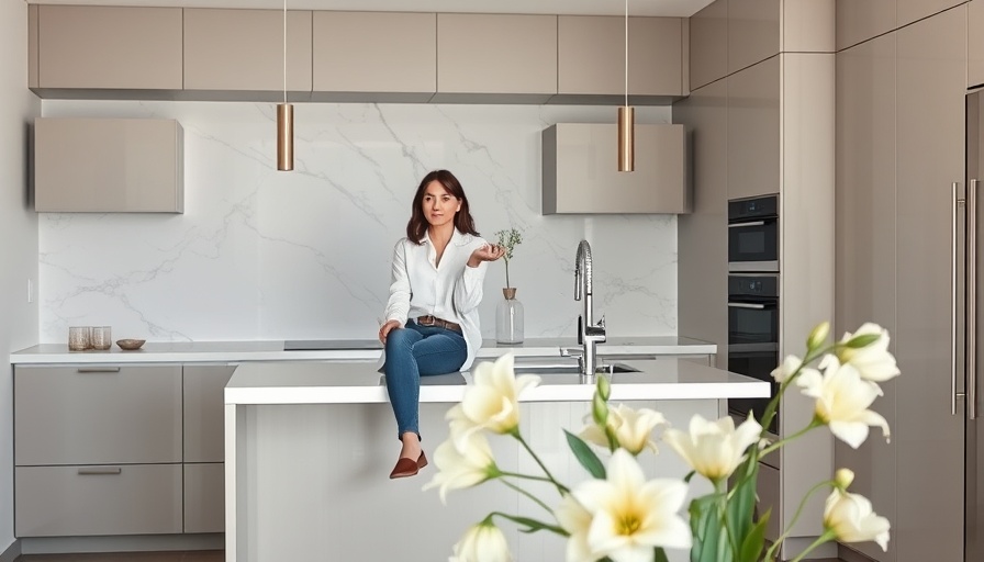 Modern kitchen design with marble and flowers, showcasing sustainable home design.