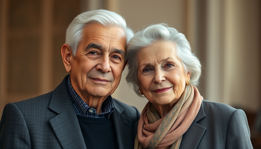 Elderly couple smiling softly in a formal setting.