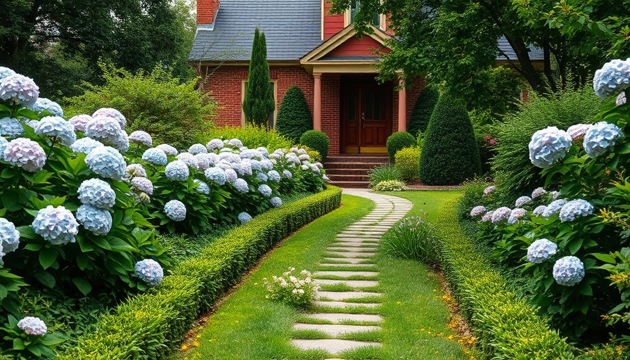 Simple pathway designs with lush garden path and hydrangeas.