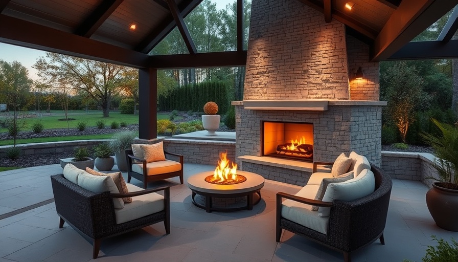Modern outdoor fireplace design in elegant patio setting