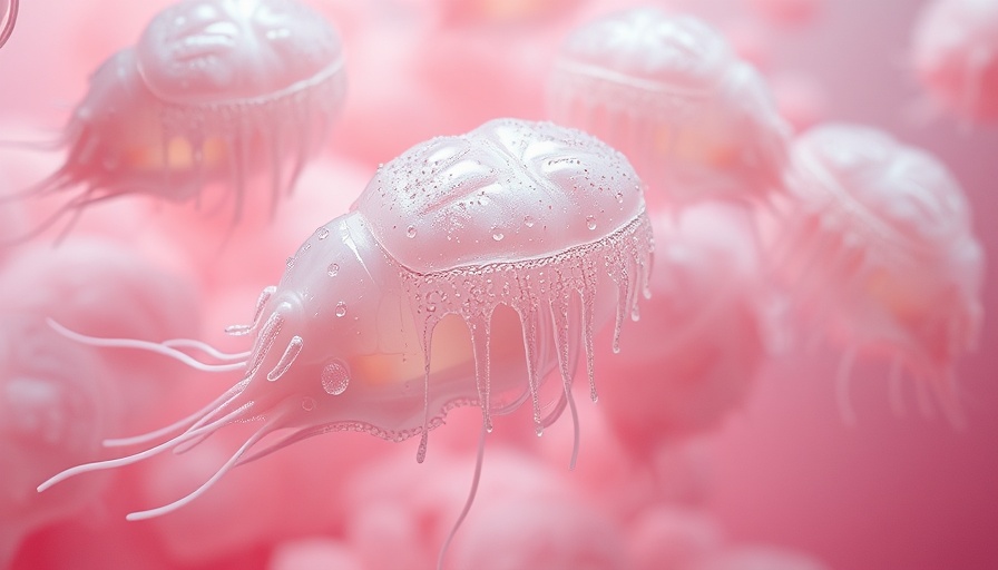 Brain-eating amoebas in a pink fluid environment, close-up.