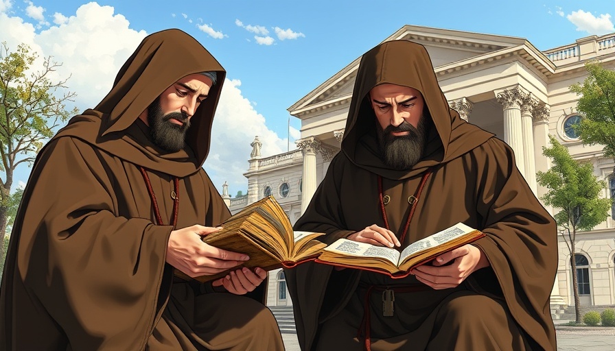 Medieval monks and modern building highlighting history and present.