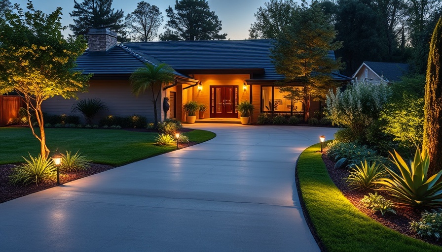 Modern front house lawn landscaping with pathway and lighting.
