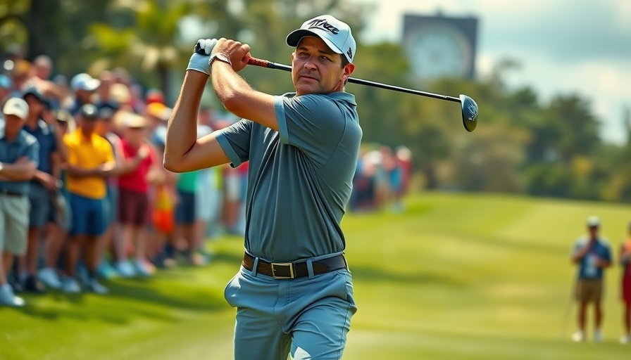 Energetic golfer mid-swing surrounded by cheering crowd on golf course.
