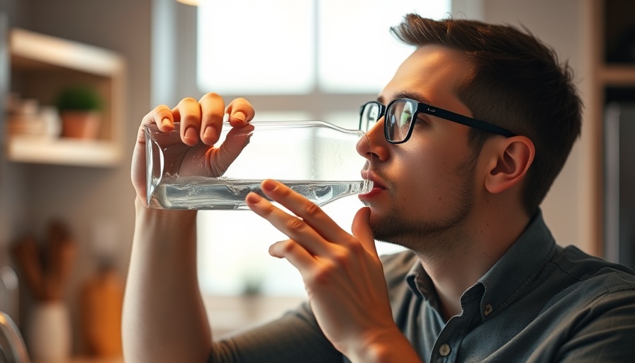 Man drinking water casually in a kitchen, considering hydration health.