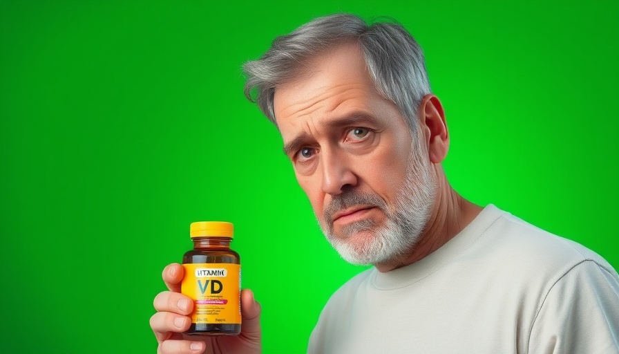Man showing concern while holding Vitamin D pills.