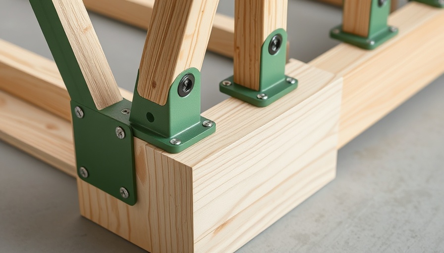 Wood construction support system with green brackets and bolts.